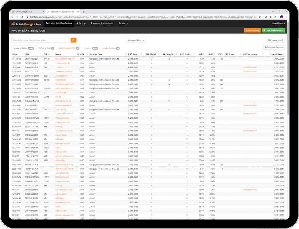 PRC Portal - UnRiskOmega - Tablett