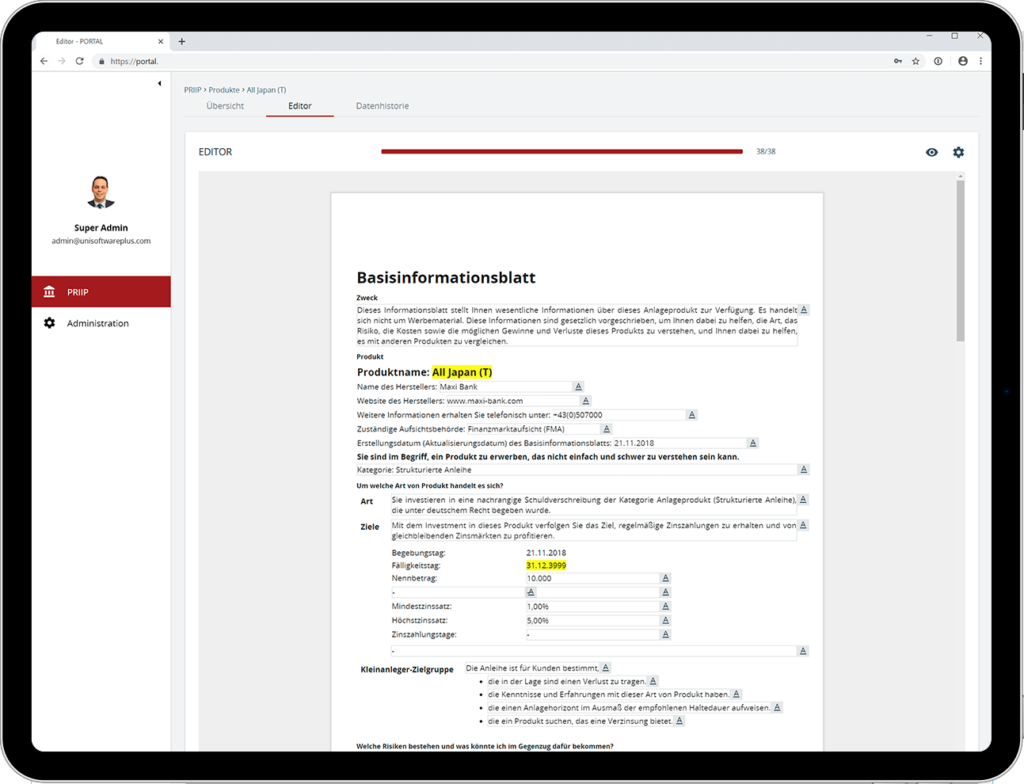 PRIIP Editor - UnRiskOmega - Tablett